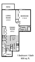 A floor plan of a one bedroom apartment with a bath.