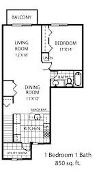 A floor plan of a small apartment with a living room, dining room, kitchen, and bathroom.