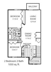 A floor plan of a 2 bedroom apartment with a total area of 1050 sq. ft.