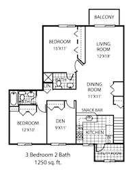 A floor plan of a 3 bedroom, 2 bath house with a balcony.