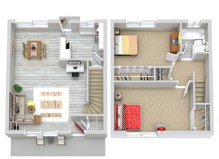 A top down view of a living room and kitchen area.