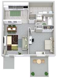 A floor plan of a small apartment with a kitchen, living room, and bathroom.
