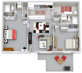 A top-down view of a house layout with a living room, kitchen, and two bedrooms.