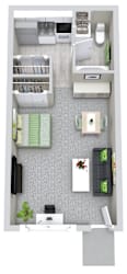 A top-down view of a small apartment with a kitchen, living room, and bathroom.