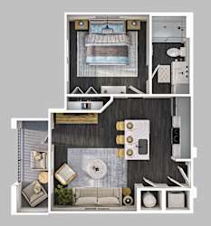 A modern, minimalist interior design layout with a focus on a central living area.
