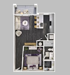 A top-down view of a small apartment layout with a living room, kitchen, and bathroom.