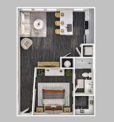 A top-down view of a small apartment with a bed, a couch, a table, and a kitchenette.