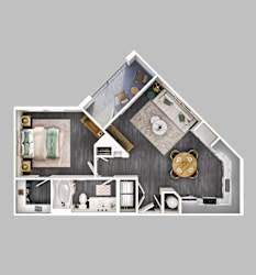 A cutaway view of a house showing the layout of the rooms.
