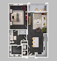 A top-down view of a small apartment with a living room, kitchen, and bathroom.
