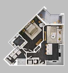 A top-down view of a house layout with a kitchen, living room, and bathroom.