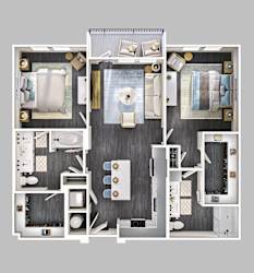 A top-down view of a small apartment layout with a kitchen, living room, and bathroom.