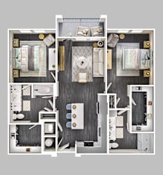 A top-down view of a modern, well-organized bathroom with a large mirror and a separate shower area.