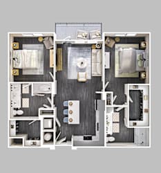 A top-down view of a modern apartment layout with a kitchen, living room, and bedrooms.