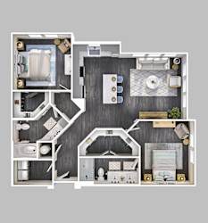 A floor plan of a house with a kitchen, living room, dining room, and bathroom.