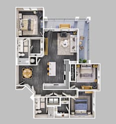 A top-down view of a house layout with multiple rooms and furniture.