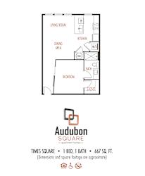 A floor plan for an apartment from Audubon Square showing a living room, dining area, kitchen, bath, and bedroom.