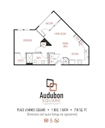 A floor plan for a one bedroom apartment with one bath.
