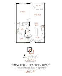 A floor plan for Audubon Square apartment homes shows a bedroom, living room, dining area, kitchen, and bath with a closet.