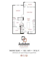 A floor plan for an apartment in Audubon Square shows a bedroom, living room, dining area, kitchen, bathroom, and closet.