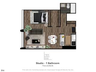 A floor plan of a studio apartment with a bathroom.
