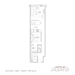 A floor plan for a one bedroom apartment with one bathroom.
