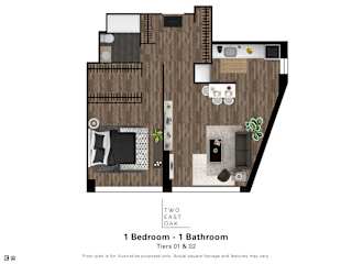 A floor plan of a two-bedroom, one-bathroom apartment at Tiers 01 & 02.
