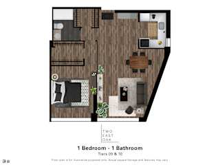 A floor plan of a bedroom and bathroom with a wood floor.