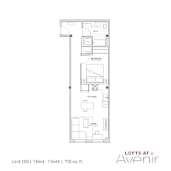 A floor plan of a one bedroom apartment with a bathroom and a living room.