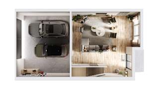 A car is parked in a garage attached to a house.