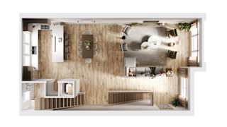 A top-down view of a modern, minimalist living space with a dining area and kitchen.