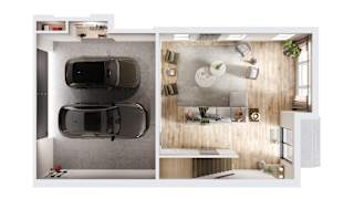 A modern house interior with a car in the garage.