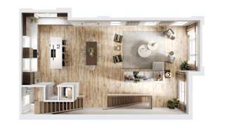 A modern kitchen with a wooden wall and white appliances.