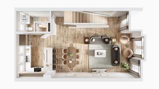 A top-down view of a modern kitchen with wooden walls and white appliances.