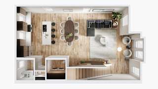 A modern kitchen with a wooden wall and white cabinets.
