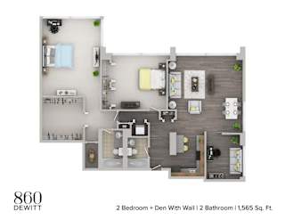 a stylized floor plan of a 2 bedroom