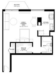a floor plan of a small house with a bedroom and a living room