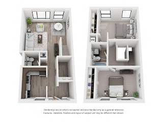 Two images of a small apartment layout with a kitchen, living room, and bedroom.