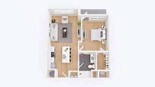A top-down view of a small apartment with a kitchen, living room, and bedroom.