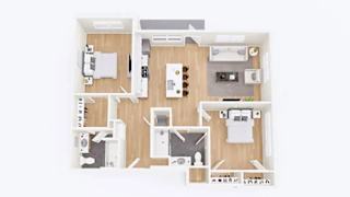 A white dollhouse with a kitchen, living room, and bedrooms.