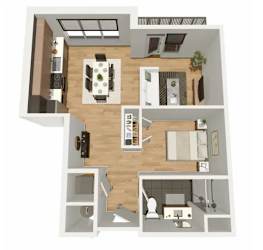 A 3D floor plan of a small apartment with a kitchen, living room, and bathroom.