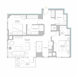 A floor plan of a house with a bedroom, bathroom, kitchen, and living room.