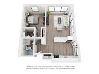 3D rendering of one bedroom apartment layout at River North Park Apartments, Illinois