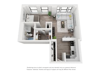 3D floorplan with open kitchen and bedroom at River North Park Apartments, Chicago, 60654