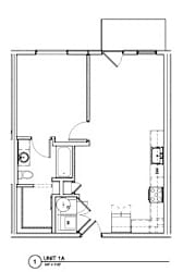 A floor plan of a small apartment with one bedroom and a living area.
