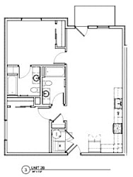 A floor plan of a unit shows a living room, a kitchen, and a bedroom.