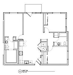 A floor plan of a unit with a living room, kitchen, and two bedrooms.