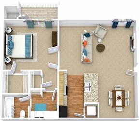 A top-down view of a 1 bedroom floorplan with a living room and dining area with furniture and decor.