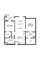 A black and white image of a floor plan for a unit E, showing a living room, two bedrooms, a kitchen, a bathroom, and an entry.