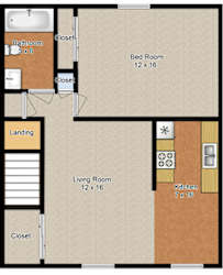 A floor plan of a small apartment with a bedroom, living room, kitchen, and bathroom.