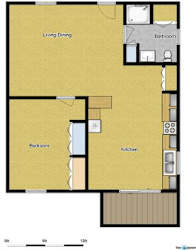 A floor plan of a house with a living dining area, kitchen, bedroom, and bathroom.
